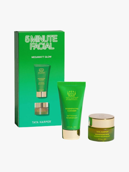 Tata Harper 5 Minute Facial in branded components on a light gray background